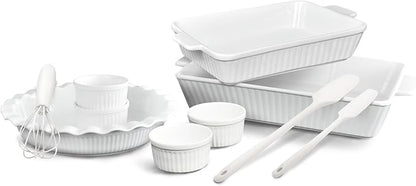 GOURMETEDGE 10-Piece Stackable Ceramic Bakeware Set - Ideal Mother's Day Gift, Non-Toxic Non-Stick Oven Safe, PFOA & PFOS Free, Includes Baking Dishes, Pie Plate, Ramekins & Silicone Tools (White)