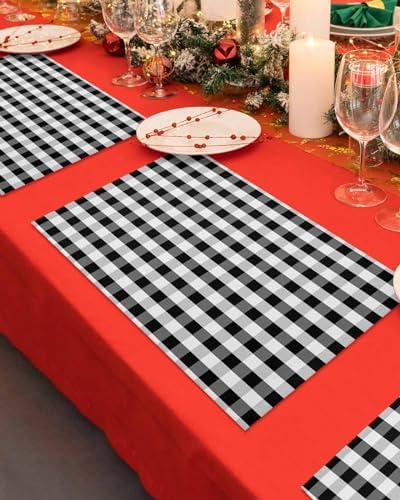 Rustic Black White Buffalo Check Plaid Pattern Placemats Set of 4, Farmhouse Heat Resistant Washable Table Place Mats Cotton Table Linens Party Holiday Decor for Kitchen Dining Outdoor Indoor