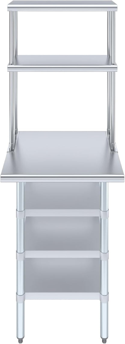 Amgood 24" x 24" Stainless Steel Work Table with 3 Shelves and 12" Wide Double Tier Overshelf | Metal Kitchen Prep Table & Shelving Combo | NSF