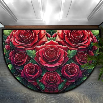 Valentine Rose Flower Half Round Door Mat Non Slip Washable Semi Circle Area Rug Absorbent Soft Half Moon Rug Floor Mat for Indoor Outdoor Kitchen Bathroom Patio Front Door Mat Decor