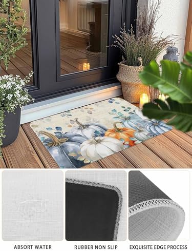 Fall Door Mat Blue Pumpkin Doormat Eucalyptus Leaves Branch Harvest Thanksgiving Welcome Mat Non Slip Rubber Entryway Front Rug Floor Mat for Indoor Outdoor Kitchen Autumn Holiday Home Decor 20x32