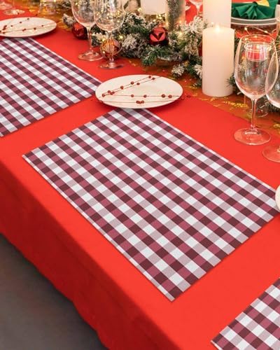 Christmas Placemats Set of 4, Rustic Burgundy White Buffalo Check Plaid Pattern Heat Resistant Washable Table Place Mats Farmhouse Table Linens Party Holiday Decor for Kitchen Dining Outdoor Indoor