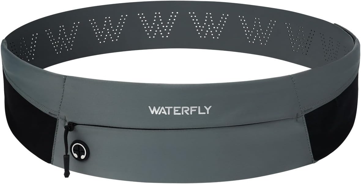 WATERFLY Running Belt Fanny Pack: Slim Waist Bag for Men Women, Workout Fitness Phone Holder for Exercise Marathon Jogging-Grey