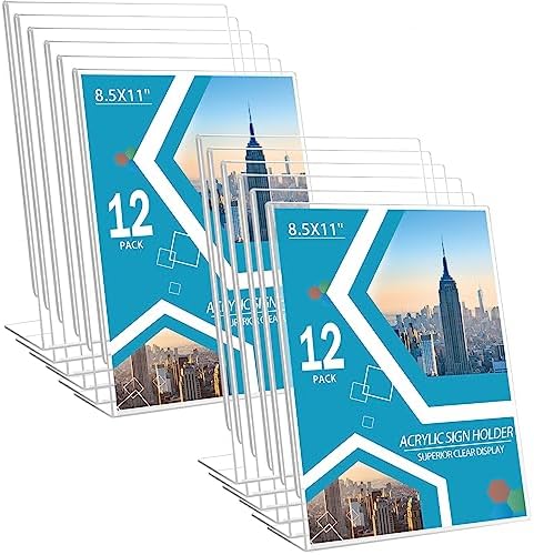 12 Pack Acrylic Sign Holder 8.5 x 11 Slant Back Acrylic Stands for Display Plexiglass Clear Acrylic Display Stands for Ad Frame, Picture Photo Frames, Promotions, Restaurants, Office, Store