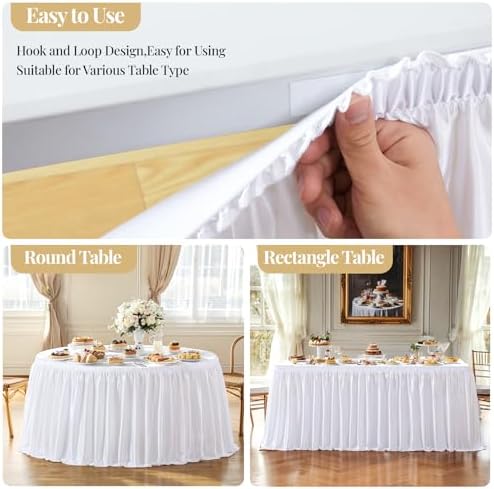 Wish Care 14ft White Satin Table Skirt for Rectangle Tables Wrinkle Free Teacher Desk Skirt Glitter Ruffle Table Skirting Cloth for Office Wedding Birthday Baby Shower Party Banquet Table Decorations