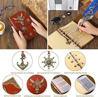 Quill Pen and Ink Set, Feather Pen Ink Set With Quill Pen, Notebook, 5 Replaceable Nibs, Seal Stamp, Spoon, Wax Beads, White Wax, Ink, Pen Holder, Cup, Envelope,Letter Paper,Envelope Tool(Blue)