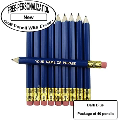 EZPENCILS & GIFTS - Golf Pencils Tipped with Eraser (1/2 a Pencil - Pew Pencils) - Dark Blue Colored Barrel - FREE-PERSONALIZATION - 2HB Black Lead - Custom Text - Non-Smear Eraser – Package of 40