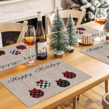 Christmas Theme Placemats Set of 4, Farmhouse Rustic Ornaments Plaid Balls Cotton Line Stain Resistant Table Mats Washable Holidays Placemat Decoration For Kitchen Dining Table Happy Holidays