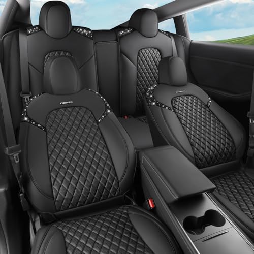 CAR PASS Car Seat Covers for Tesla Model 3 Nappa Leather Bling Diamond Car Seat Protector Full Coverage Airbag Compatible Custom Fit 2017 2018 2019 2020 2021 2022 2023 2024, Black Rhinestone Full Set - color: Black Diamond for Tesla, size: Full Set