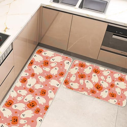 JarThenaAMCS Halloween Kitchen Mats Set of 2 Pink Ghost Pumpkin Kitchen Floor Mat Non-Slip Decorative Bathroom Rugs for Party Home Entrance, 17 x 29 Inch & 17 x 47 Inch