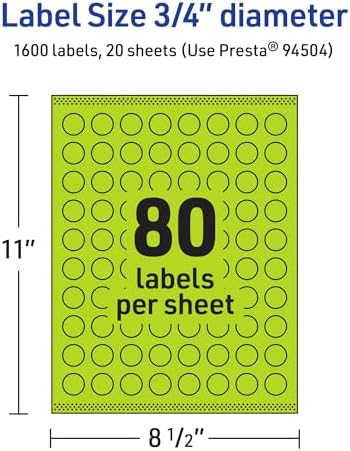 Avery Printable Round Labels, Sure Feed Technology, 3/4" Diameter, Bright Green Labels, Print-to-the-Edge, Laser/Inkjet, 1,600 Total, Great for Price Stickers and Mailing Seals