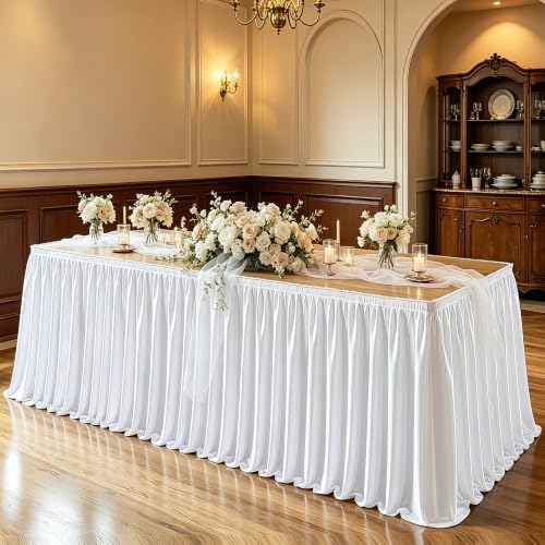 Wish Care 14ft White Satin Table Skirt for Rectangle Tables Wrinkle Free Teacher Desk Skirt Glitter Ruffle Table Skirting Cloth for Office Wedding Birthday Baby Shower Party Banquet Table Decorations