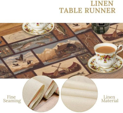 Retro Rustic Style Table Runner, Vintage Moose Deer Bear Leaf Tree Country Style Farmhouse Cottage Cabin Dinner Table Decoration for Home Kitchen Dining 13"x36"