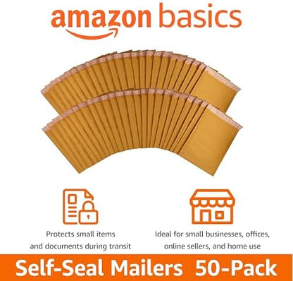 Amazon Basics Kraft Bubble Self-Seal Padded Envelopes for Shipping, 4" x 8" (Internal Size - 3.75" x 7"), Brown, 50-Pack