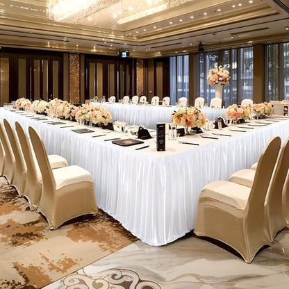 Wish Care 14ft White Satin Table Skirt for Rectangle Tables Wrinkle Free Teacher Desk Skirt Glitter Ruffle Table Skirting Cloth for Office Wedding Birthday Baby Shower Party Banquet Table Decorations