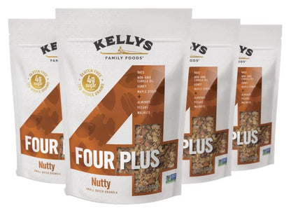 Kelly's Four Plus (Nutty) Healthy Granola Cereal with Whole Grain Oats, Honey, Maple Syrup - Non-GMO, Low Sugar, Sodium Free and Gluten Free Granola for Yogurt - 12oz (Pack of 4)