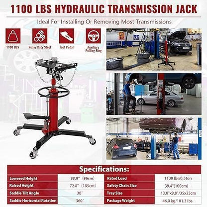 Transmission Jack with Wheels-Hydraulic Transmission Jack with Foot Pedal, 1/2Ton(1322LBS) High Telescoping Lift Jacks 33.8" to 72.8" for Garage and Shop