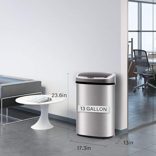 FDW Kitchen Trash can for Bathroom Bedroom Home Office Automatic Touch Free Garbage bin with lid Brushed Stainless Steel Rectangular 13 Gallon / 50L