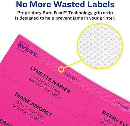 Avery Neon Green Address Labels, 1 x 2-5/8 inch | Printable | Sure Feed Technology | For Laser Printers | 750 Labels, Pack of 5