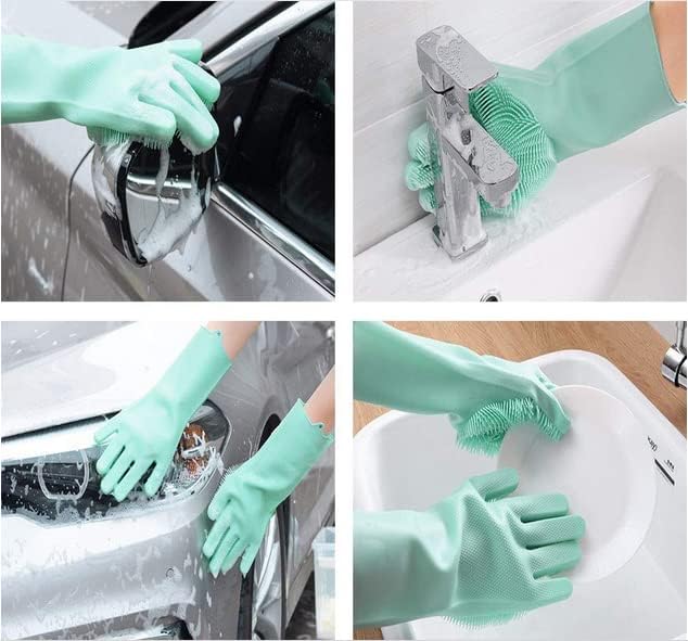 Silicone Dishwashing Gloves, Pet Grooming Rubber Scrubbing for Dishes, Sponge Wash Cleaning with Scrubbers (13.6" L)