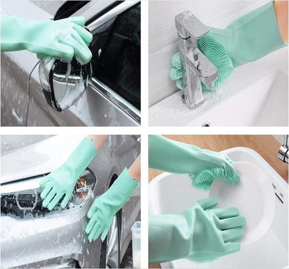 Silicone Dishwashing Gloves, Pet Grooming Rubber Scrubbing for Dishes, Sponge Wash Cleaning with Scrubbers (13.6" L)