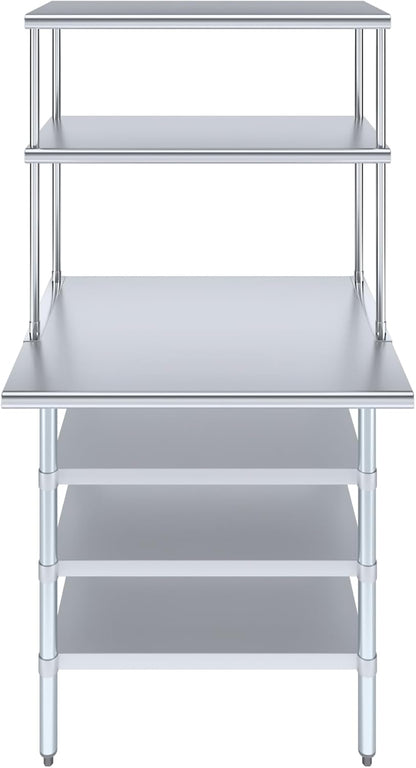 Amgood 30" x 36" Stainless Steel Work Table with 3 Shelves and 18" Wide Double Tier Overshelf | Metal Kitchen Prep Table & Shelving Combo | NSF