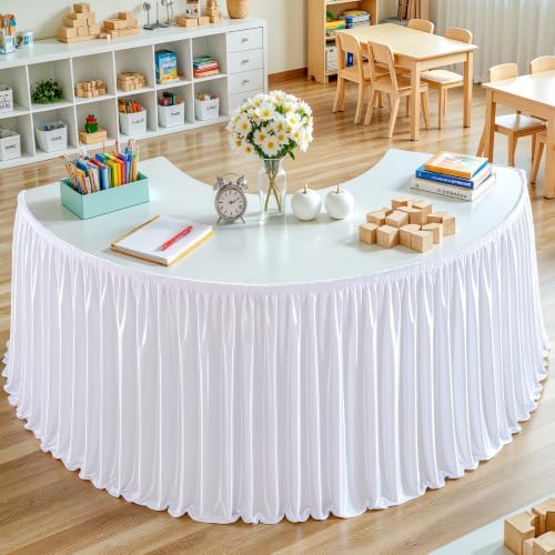 Wish Care 14ft White Satin Table Skirt for Rectangle Tables Wrinkle Free Teacher Desk Skirt Glitter Ruffle Table Skirting Cloth for Office Wedding Birthday Baby Shower Party Banquet Table Decorations