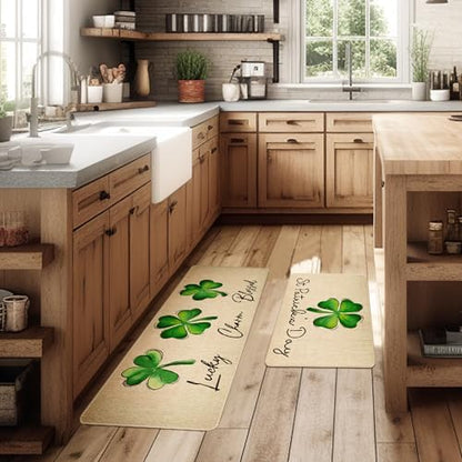 St Patricks Day Kitchen Rug Set of 2, Non-Slip Absorbent Door Mats Seasonal Lucky Green Shamrock Clover Decorative Kitchen Floor Mat 17x29 and 17x47 Inch DM127