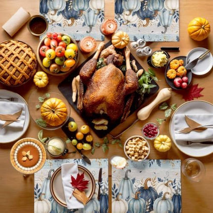 Fall Thanksgiving Placemats Set of 6, Teal Blue White Pumpkin Heat Resistant Washable Dining Table Mats Fall Holiday Farmhouse Decor for Kitchen&Linens Outdoor Indoor, Harvest Autumn Leaves