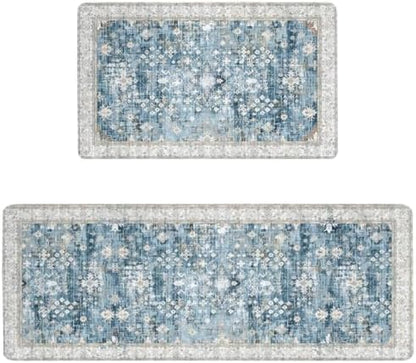 Boho Cushioned Anti Fatigue Mats for Kitchen Floor,Modern Farmhouse Blue Floral Non-Slip Water Resistant Runner Comfort Foam Standing Rugs Non Skid for Home Sink,Office,Laundry 17"x47"+17"x30"