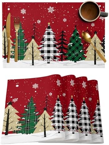 Red Merry Christmas Placemats Set of 6, Green Christmas Tree Heat Resistant Washable Table Place Mats White Snow Forest Winter Cotton Table Linens Party Holiday Decor For Kitchen Dining Outdoor Indoor