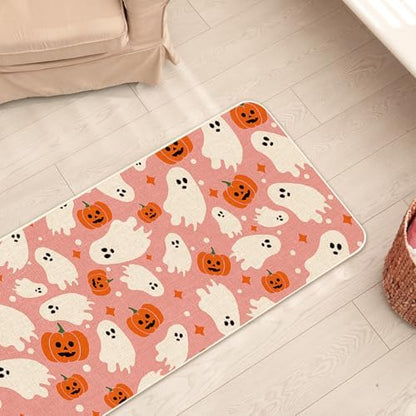 JarThenaAMCS Halloween Kitchen Mats Set of 2 Pink Ghost Pumpkin Kitchen Floor Mat Non-Slip Decorative Bathroom Rugs for Party Home Entrance, 17 x 29 Inch & 17 x 47 Inch