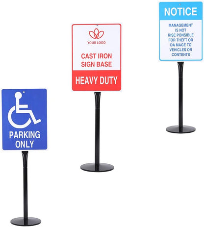 Heavy Duty Cast Iron Sign Post and Base Kit - 12" DIA Stand with 48" Post and Bolts & Nuts for Hanging Signs, Portable Sign Holder for Parking and Recreational Use