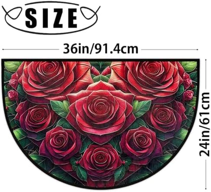 Valentine Rose Flower Half Round Door Mat Non Slip Washable Semi Circle Area Rug Absorbent Soft Half Moon Rug Floor Mat for Indoor Outdoor Kitchen Bathroom Patio Front Door Mat Decor