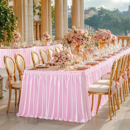 Wish Care 14ft Pink Satin Table Skirt for Rectangle Tables Wrinkle Free Teacher Desk Skirt Glitter Ruffle Table Skirting Cloth for Back to School Classroom Office Dorm Girls Birthday Party Table Decor