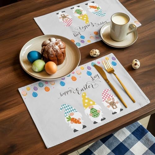 Vandarllin Happy Easter Gnomes Placemats Set of 6,Heat Resistant Cotton Linen,Carrrot Rabbit Bunny Colorful Eggs Table Mats Washable Spring Holidays Placemat Decoration for Kitchen Dining Table