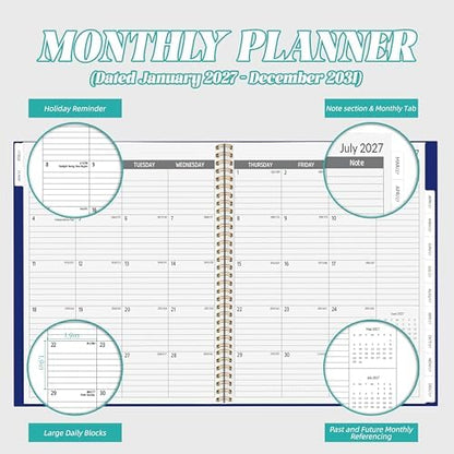 2027-2031 Monthly Planner, 5 Year Monthly Planner/Calendar 2027-2031, 60-Month Jan 2027 – Dec 2031, 9" x 11", Tabs, Double-Side Pocket, Holidays, Thick Paper - Navy Blue