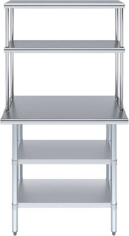 Amgood Stainless Steel Work Table with 2 Shelves | Metal Kitchen Prep Table & Shelving Combo (18" x 36" Table with 2 Shelves + 12" Overshelf)