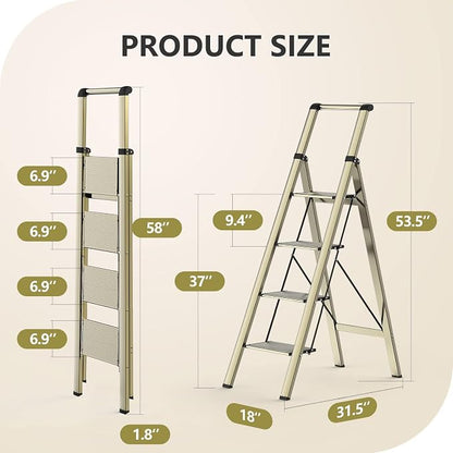 WOA WOA 4 Step Ladder, Ladders for Home, Anti-Slip Pedals, Aluminum Step Stool Foldable, Lightweight to Move, Ease of Storage, Reach 9ft for Closet Kitchen Library, Hold 300lbs - Gold
