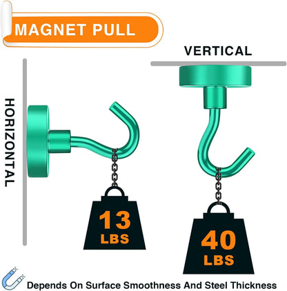 MIKEDE Magnetic Hooks, 40Lbs+ Heavy Duty Magnet Hooks for Cruise Cabins, Super Neodymium Hanging Hooks Strong Magnets with Hook for Fridge, Magnetic Hanger for Grill, Toolbox, Storage(Green, 4 Pack)