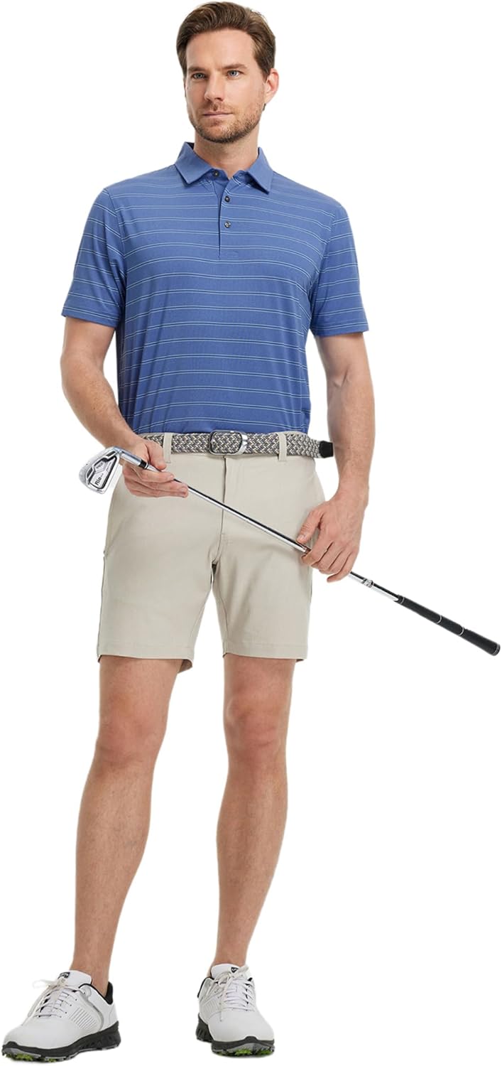 Rouen Polo Shirts for Men Dry Fit Performance Heather Stripe Golf Polo Moisture Wicking Lightweight Breathable Golf Shirts