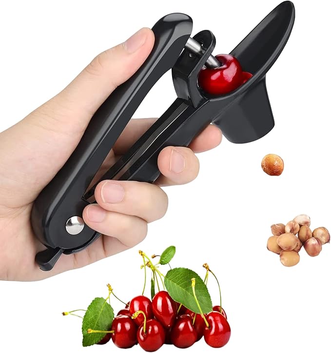 Cherry Pitter, Heavy-Duty Stainless Steel Olive and Cherry Pitters Corer Tool with Space-Saving Lock Design, Multi-Function Cherries Stoner Seed Remover Tool for Making Cherry Jam (Black)