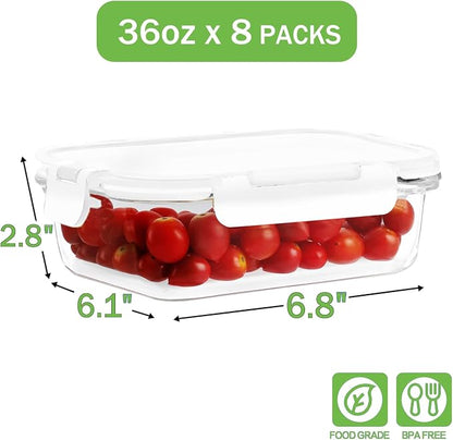 8 Pack 36oz Large Glass Meal Prep Containers with lids, Glass Food Storage Containers with Leak Proof Snap Lock Lids , Airtight Bento lunch Boxes, Kitchen Storage, Oven and Dishwasher Safe-White