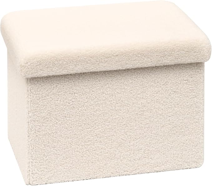 B FSOBEIIALEO Storage Ottoman Cube Small Sherpa Ottoman Foot Rest, Foldable Portable Boucle Ottomans, Faux Teddy Fur, Cream White 16.5"x12.6"x12.6"