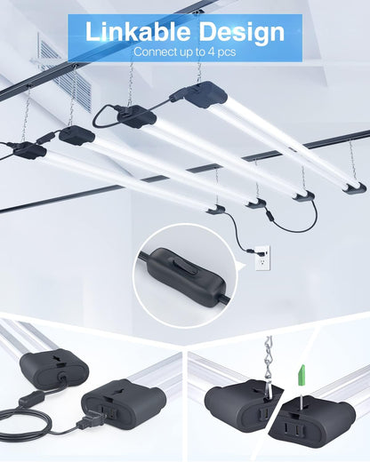 Ensenior 4 Pack Linkable LED Utility Shop Light, 4 FT, 4400 High Lumens, 36W Equivalent 280W, 5000K Daylight, 48 Inch Shop Light for Garage, Surface or Hanging Mount, Black, ETL Certified