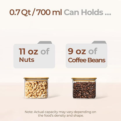 ComSaf 0.7 Qt Rectangle Glass Storage Containers with Lids, Glass Jars with Bamboo Lids, Clear Food Jar, Sugar Coffee Containers, Small Pantry Storage Container for Tea Candy Nuts Spices Oat