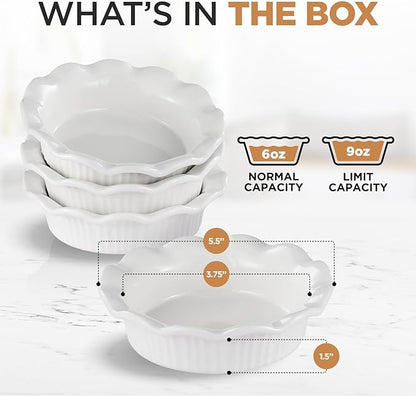 Aunt Shannon's Kitchen White Ceramic Mini Pie Pans - Set of 4 - Small 5.5 Inch Pie Pans with Classic Fluted Rims - Individual Pot Pie Pans for Pot Pies, Quiches, Puddings - Pot Pie Baking Dishes