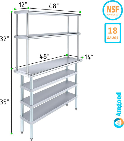 Amgood 14" x 48" Stainless Steel Work Table with 3 Shelves and 12" Wide Double Tier Overshelf | Metal Kitchen Prep Table & Shelving Combo | NSF