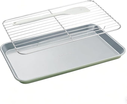 7PCS Ceramic-Coated Baking Sheet Set - 10x15in Jelly Roll Pan Non-Stick Cookie Sheet with Wire Rack, Silicone Spatula & 4 Cookie Cutters, PFAS Free, Oven Safe (550°F), Pistachio Green