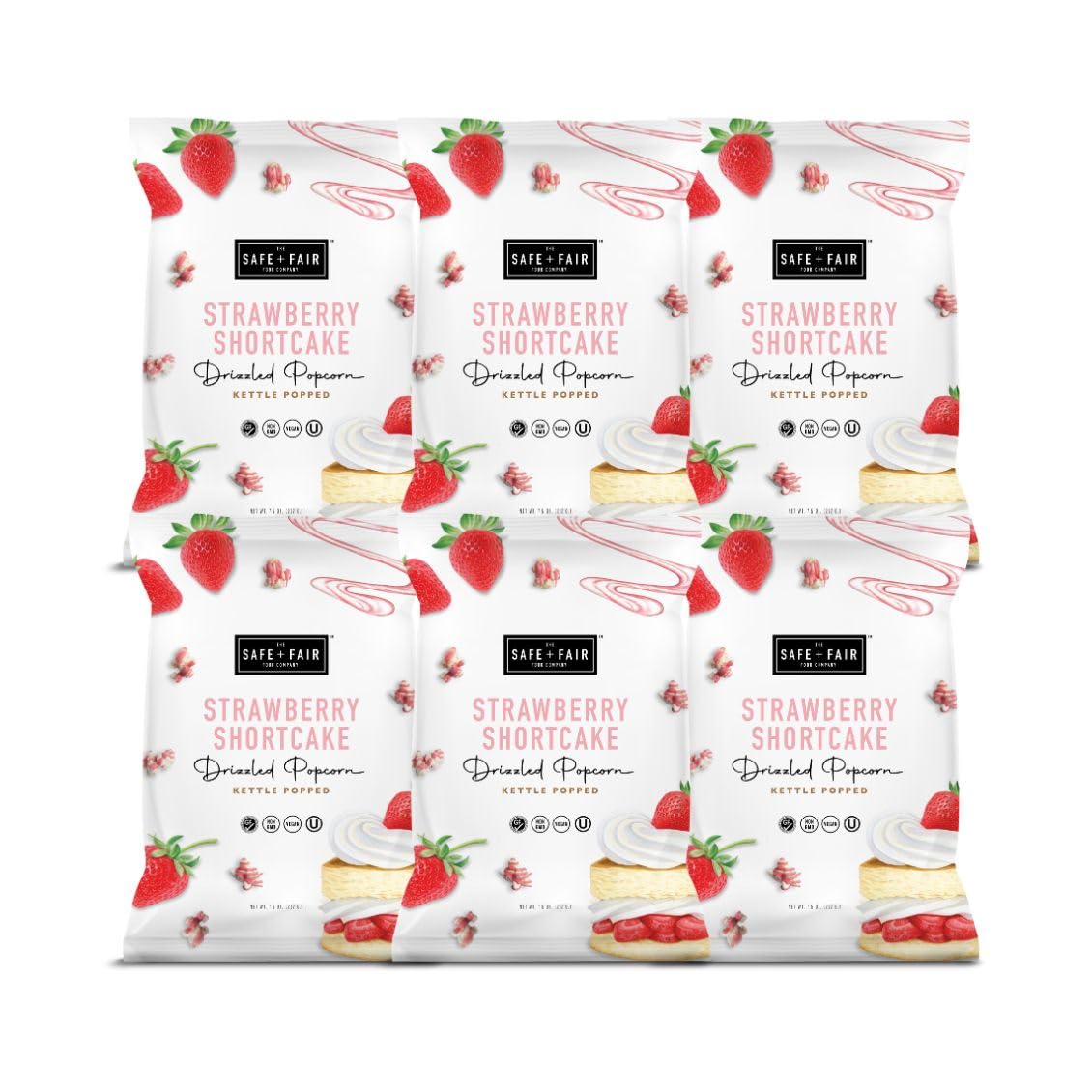 Safe + Fair Plant-Based Gourmet Strawberry Flavored Popcorn - Strawberry Shortcake Drizzled Kettle Corn Popcorn - Non-GMO + Gluten-Free Snacks 5.5oz,6 Pack